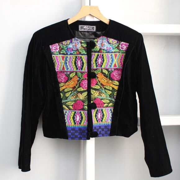 Milagros Hand Loomed Bird Floral Pattern Cropped Black Velvet Jacket Size Medium - Picture 1 of 6